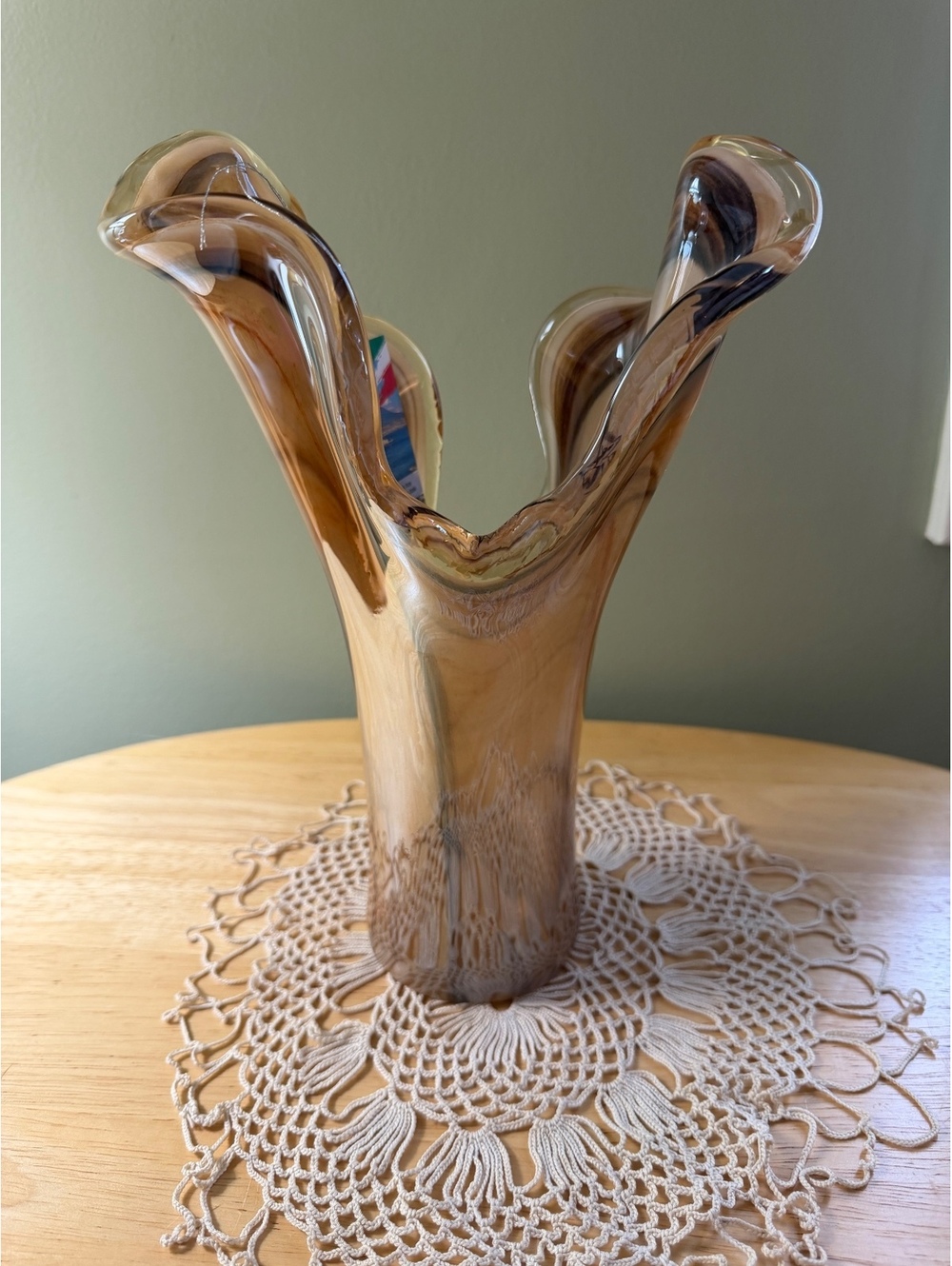 Murano Style Art Glass Vase Brown Swirl Italian Handcrafted